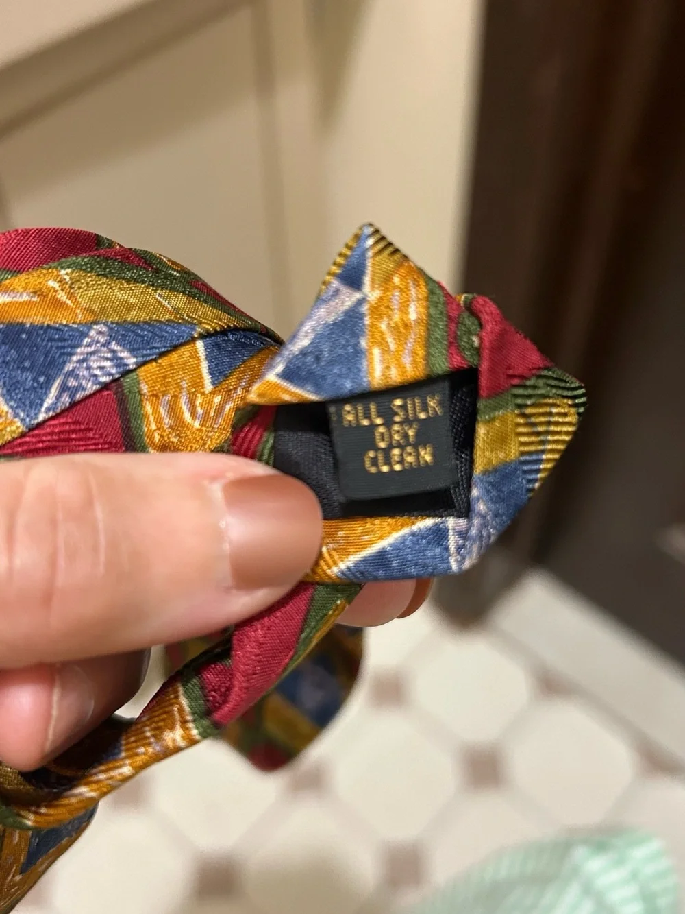 Karl Lagerfeld Red Silk Tie with Blue and Gold Geometric Motif
